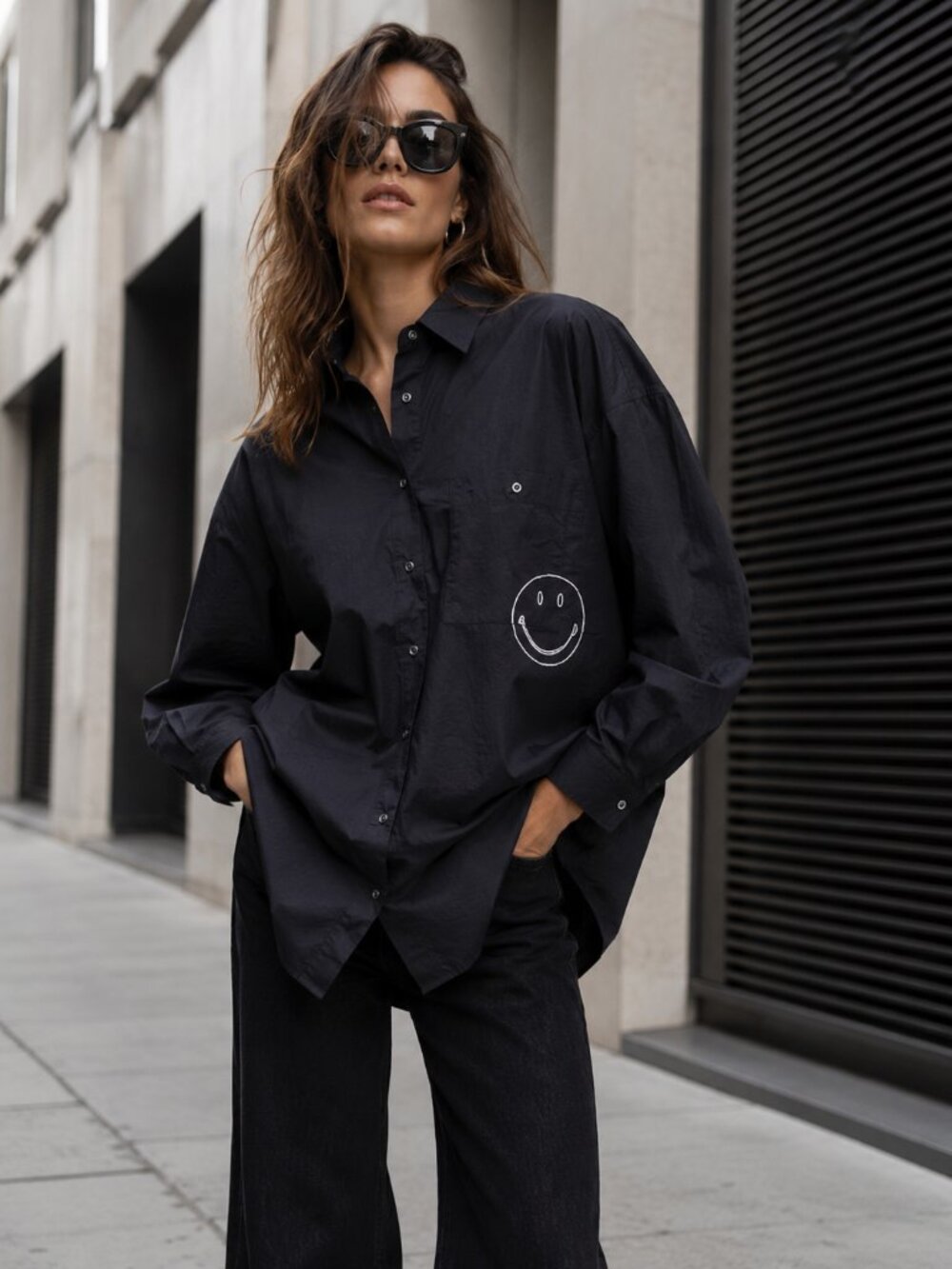 Joshua Sanders Women's Graphic Smile Button Down Shirt Black Size S